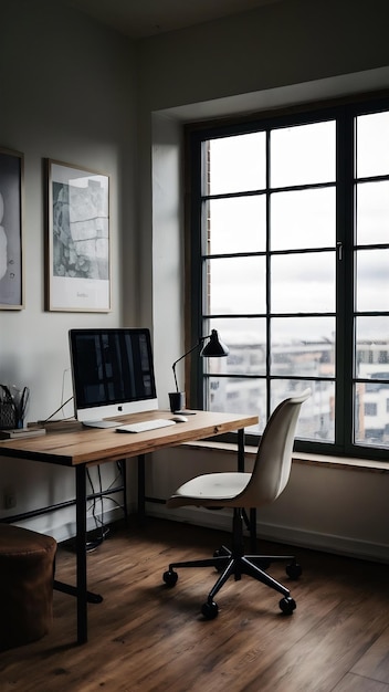 Working room with a large window and a workplace with a computer