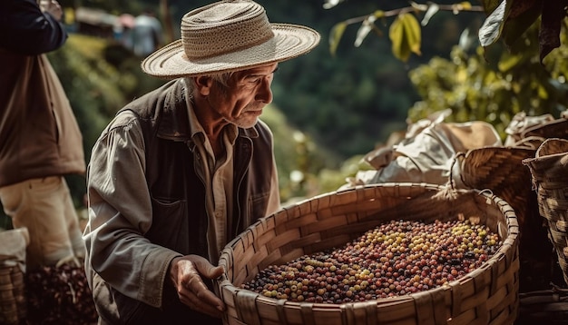 Working senior men holding ripe fruit baskets outdoors generated by AI