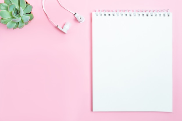 Working space: notepad, headphones and succulent flower on pink background