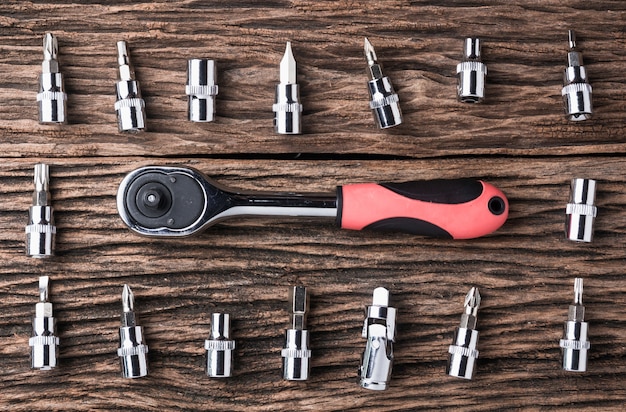 working tools on wooden background.color effect.topview