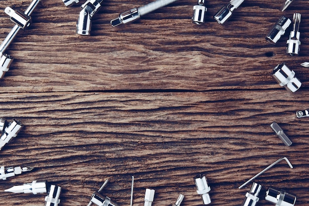 Working tools on wooden table background close up	