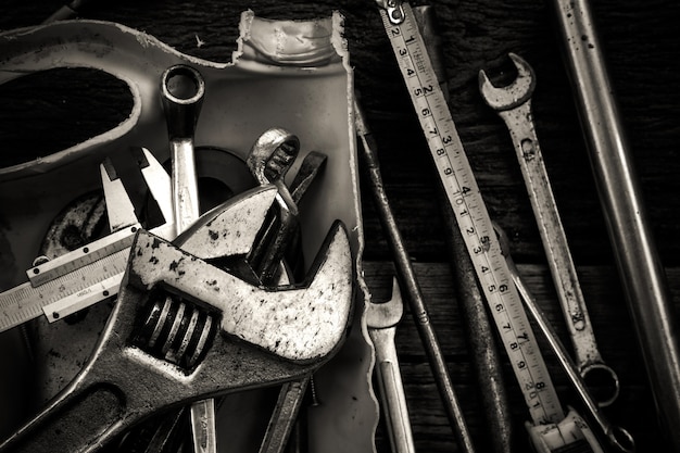 Working tools on wooden table. top view