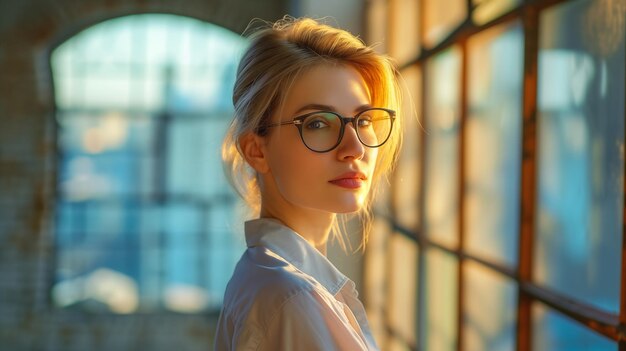 Photo working woman gazes at the camera in evening sunlight