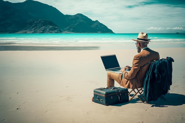 WorkLife Balance A businessman working remotely from a beautiful beach Generative AI