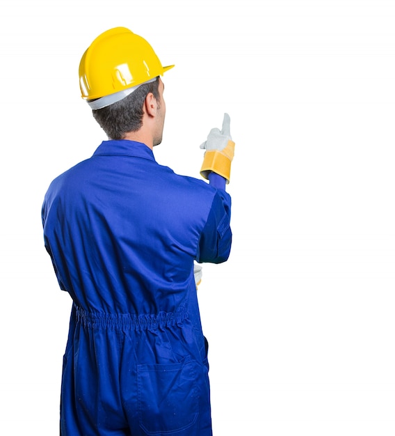 Workman back thinking on white background