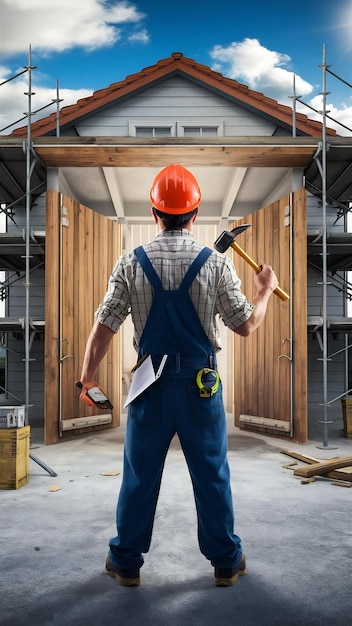 Workman at store house in orange helmet