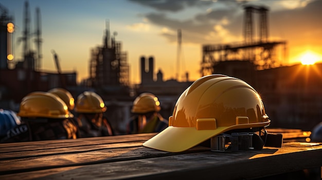 Workmans yellow safety helmet for construction site with concrete flooring in the city emphasizing safety for engineers or workers safety first with copyspace for text Generation AI