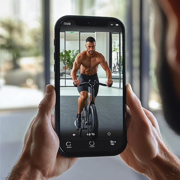 A workout app showing a male engaging in a virtual spinning class