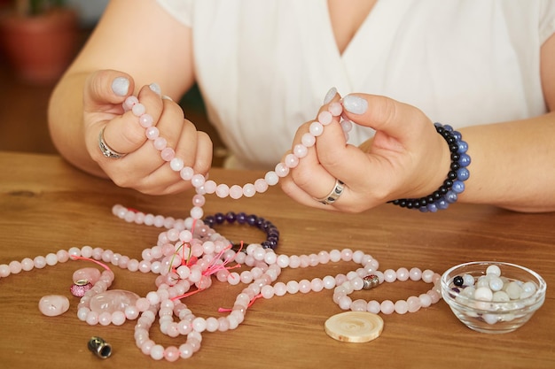 Workplace of a designer making rose quartz jewelry