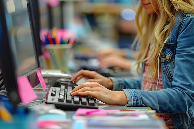 Photo workplace productivity hands typing on keyboard in a busy office setting