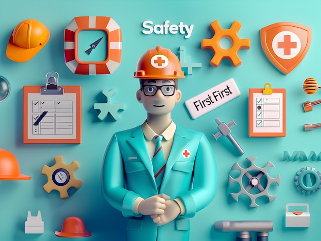 Photo workplace safety awareness corporate executive surrounded by safety symbols highlighting the safety first mantra in clean infographic design