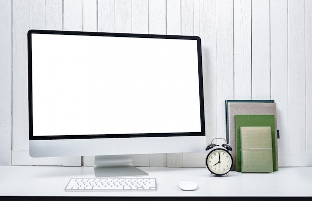 Workplace surface for designers with Blank white screen modern desktop computer. 