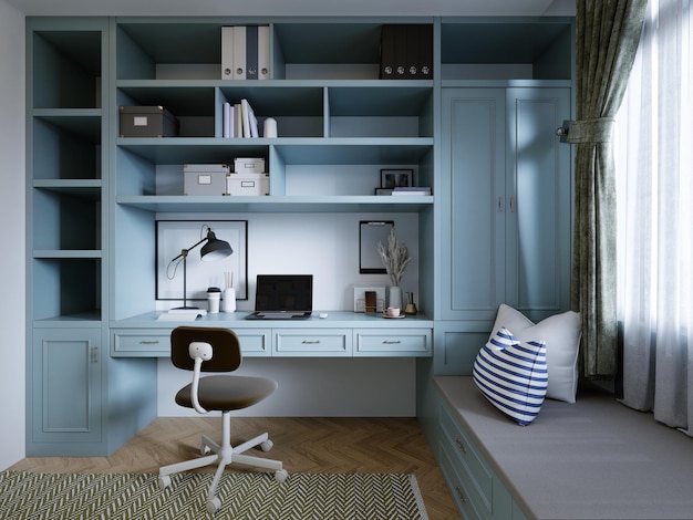 Workplace of a teenager in a children's room with light blue furniture with shelves and a work table 3D rendering