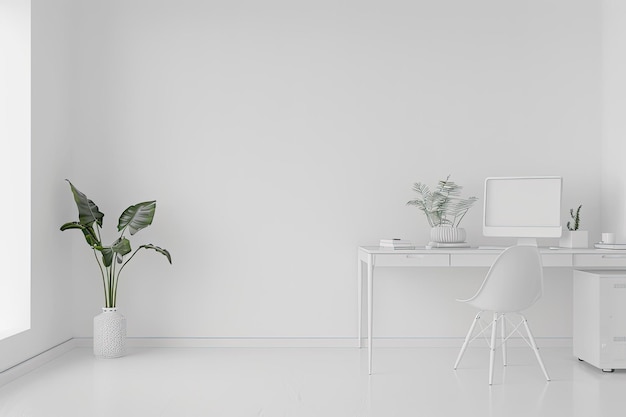 Workplace in white office with blank wall