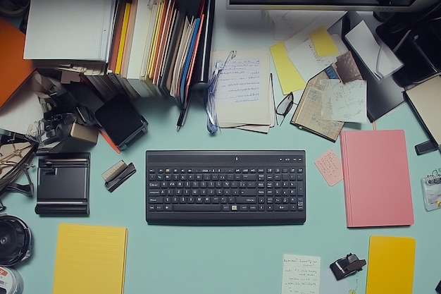 Photo workplace with computer keyboard and notebooks