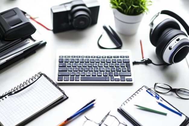 Photo workplace with computer keyboard and notebooks