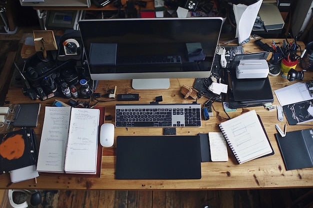 Photo workplace with computer keyboard and notebooks