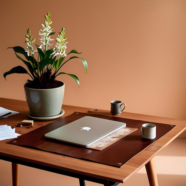 Workplace with computer and plant on wooden table Light brown