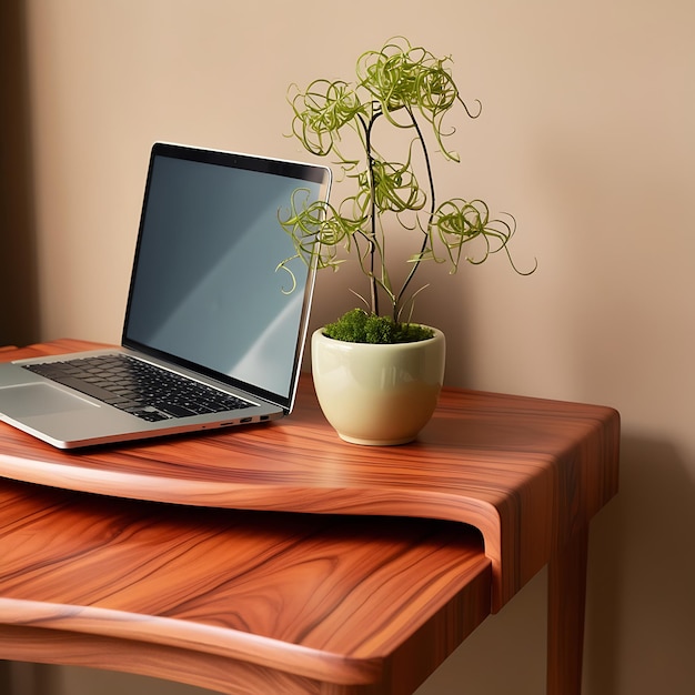 Workplace with computer and plant on wooden table Light brown