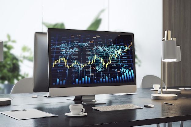 workplace with creative forex chart with candlestick graph index