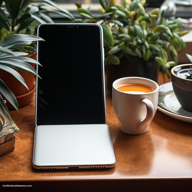 Workplace with smartphone laptop on black table top view copyspace background