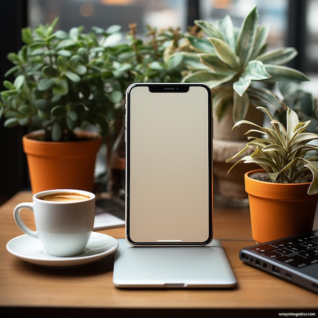 Workplace with smartphone laptop on black table top view copyspace background