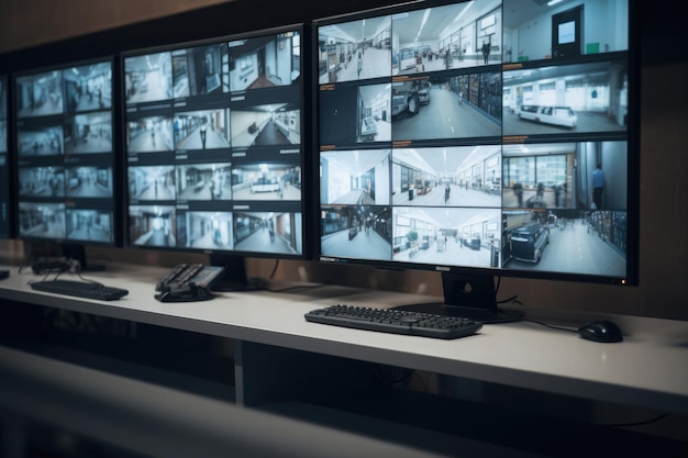 Workplace with surveillance camera monitors Security office Generative AI