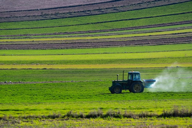 Works with the tractor fertilizer of the cereal field