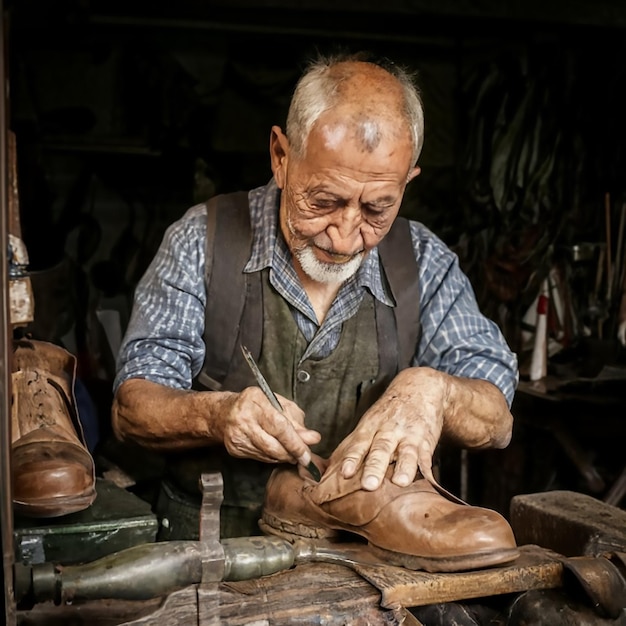 In a workshop an elderly shoemaker works