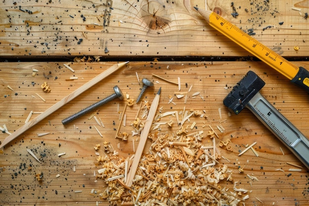 Photo workshop tools wood shavings on wooden surface