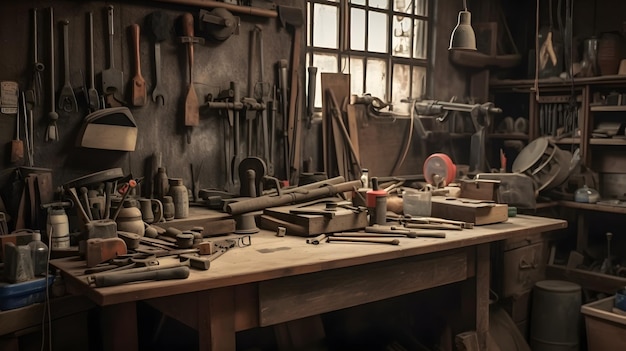 A workshop with tools on the wall and a sign that says'woodworking '