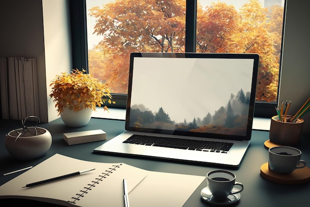 Workspace in a contemporary office setting with a mock up laptop screen a window with a lovely view of the outdoors a coffee cup and other items on the desktop furniture and light