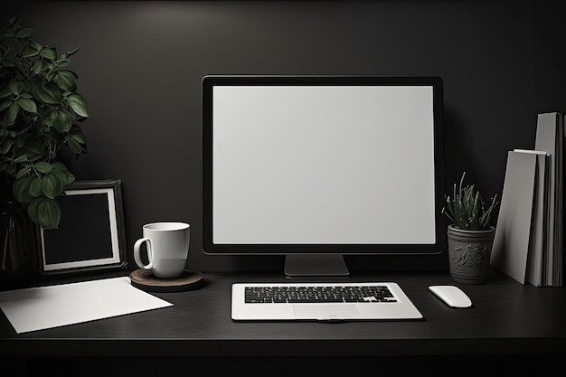 Workspace for creativity with a laptop with a blank screen and furniture in a dark color scheme