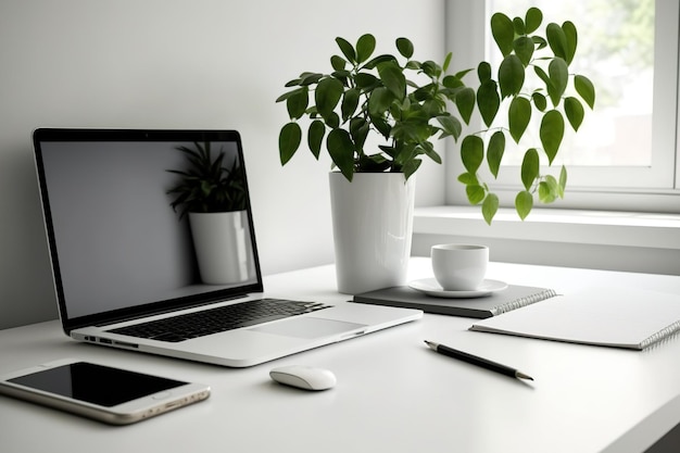 Workspace desk and mockup laptop copy space and blank screen Business image Blank screen laptop and supplies