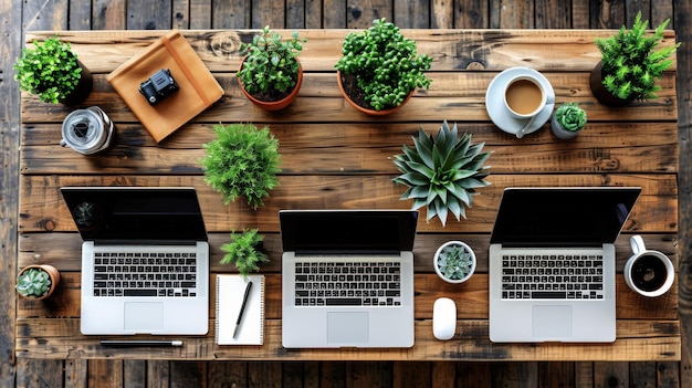 Workspace Efficiency with Multiple Laptops and Potted Plants