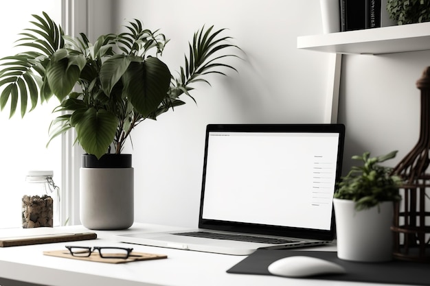 Workspace at home or in a studio with a laptop computer office materials and a plant for decoration Concept mockup