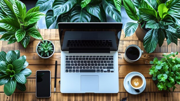 Workspace Inspiration with Potted Plants and Laptop