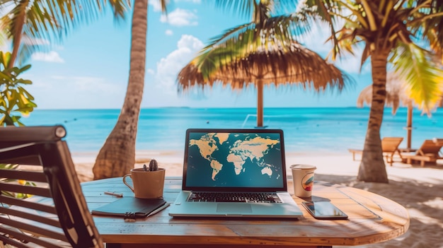 A workspace is serenely set up on a beach with a laptop open on a world map screen indicating a digital nomad39s tropical office blending work and leisure in an idyllic seaside environment