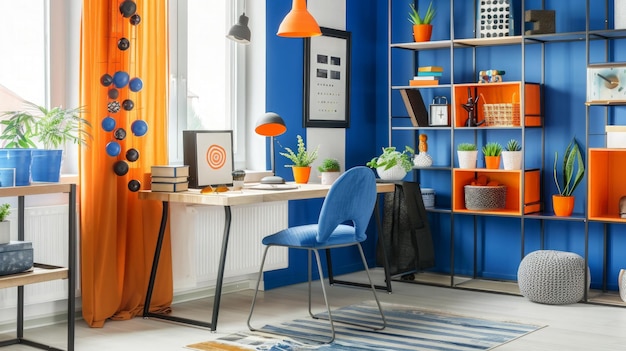 Workspace with desk and chair in elegant teenagers room with blue and orange design