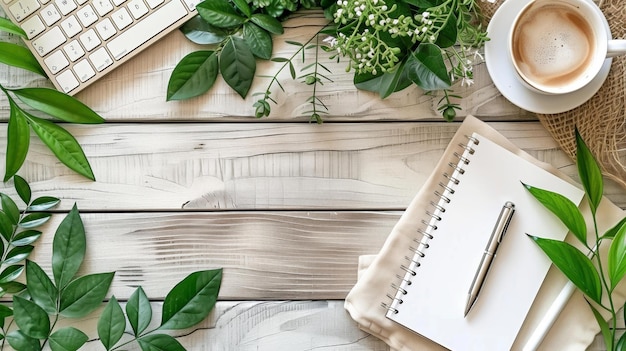 Workspace with Greenery and a Cup of Coffee