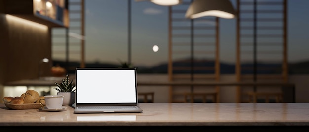 Workspace with laptop mockup decor and copy space on marble tabletop over blurred room