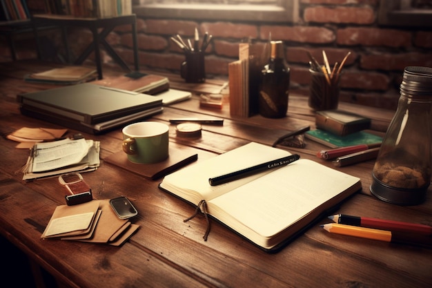 Workspace with laptop mug and stationery