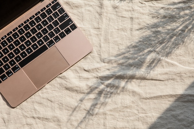 Workspace with laptop and shadows. Stylish office desk. Autumn or Winter . Christmas . Flat lay, top view