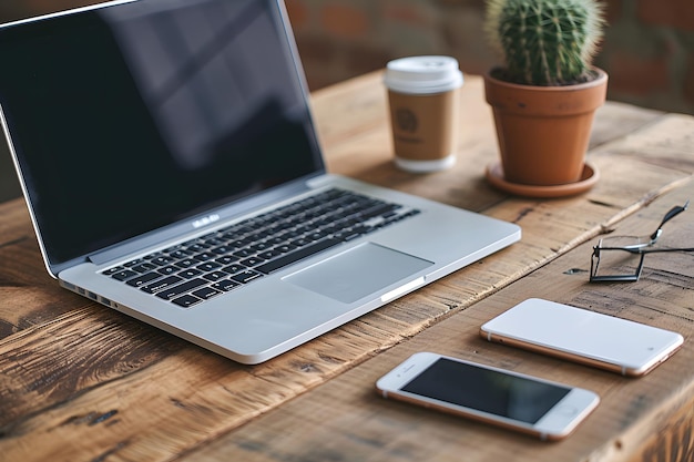 Workspace with laptop smartphone glasses and potted cactus on wooden desk