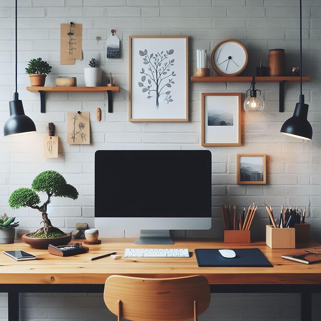 Photo workspace with some empty space wooden table home clean desk setup small bonsai tree