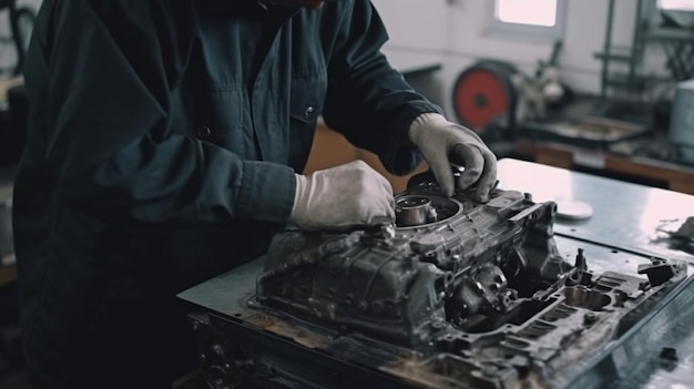 At the workstation of the auto repair shop a worker is disassembling an engine Generative AI