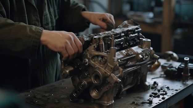 At the workstation of the auto repair shop a worker is disassembling an engine Generative AI