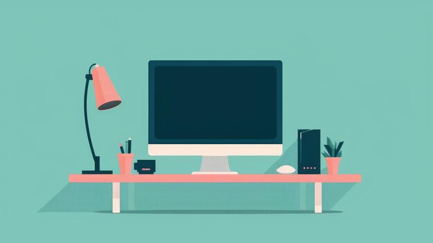 Photo workstation computer flat design front view productivity theme cartoon drawing analogous color scheme