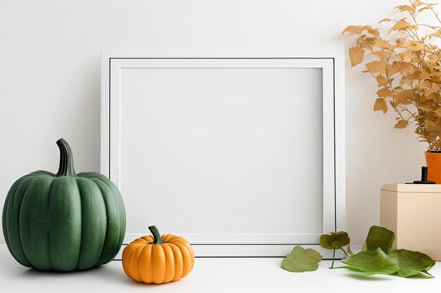 A workstation with an empty frame with a pumpkin and green plant and a white background