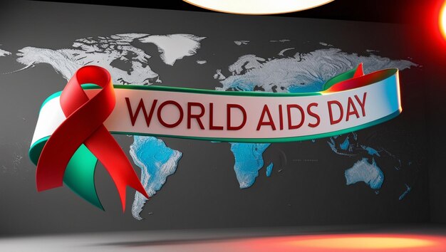 World AIDS Day Banner Red Ribbon on Gray Map Background